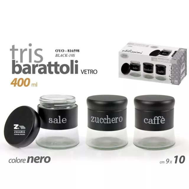 SET 3 TRIS BARATTOLI CUCINA VETRO SALE ZUCCHERO CAFFE' NERO 400ml OYO-816598