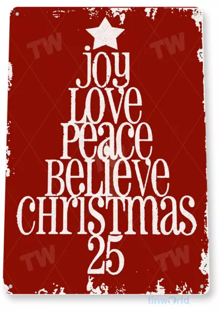 TIN SIGN Peace Love Joy Christmas Tree Holiday Metal Décor Red C041