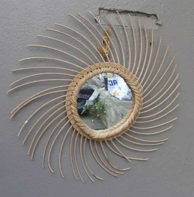 Miroir Soleil œil de Sorcière ROTIN monté en spirale 40cm diamètre Vintage 60's