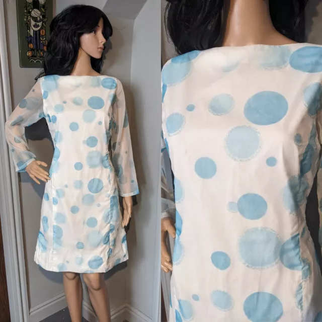 Vintage 60s Cotton Chiffon Blue Spot Circle Shift Dress Mini Mod 8 10 38