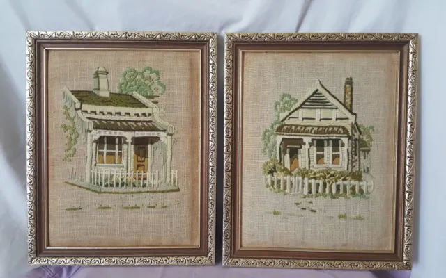 Vintage Framed Cross Stitch Pair Of Colonial Homes 30cm X 37cm Vintage Frames.