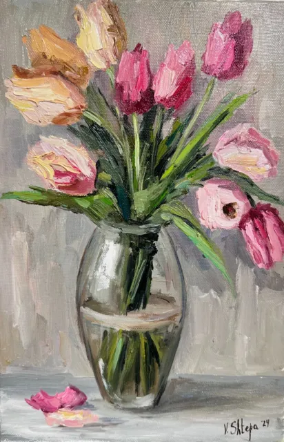 Tulips Flowers Blooming Painting Original Floral Oil  Still life Art Canvas 12x8