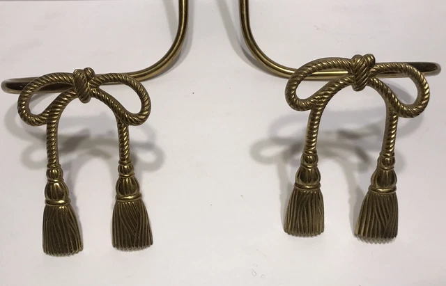 Set Of 2 Vintage Brass Curtain Drapery Tie Backs Pull Backs Ribbon 2