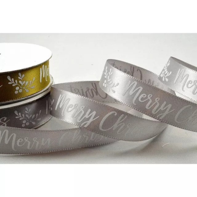 Gold oder Silber Satinband weiß Frohe Weihnachten Design 15mm x 10M Rolle 55104