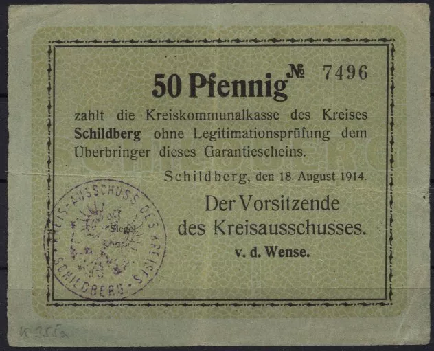 [14296] - NOTGELD SCHILDBERG (heute: Ostrzeszów), Kreis, 50 Pf, 18.08.1914. Dieß