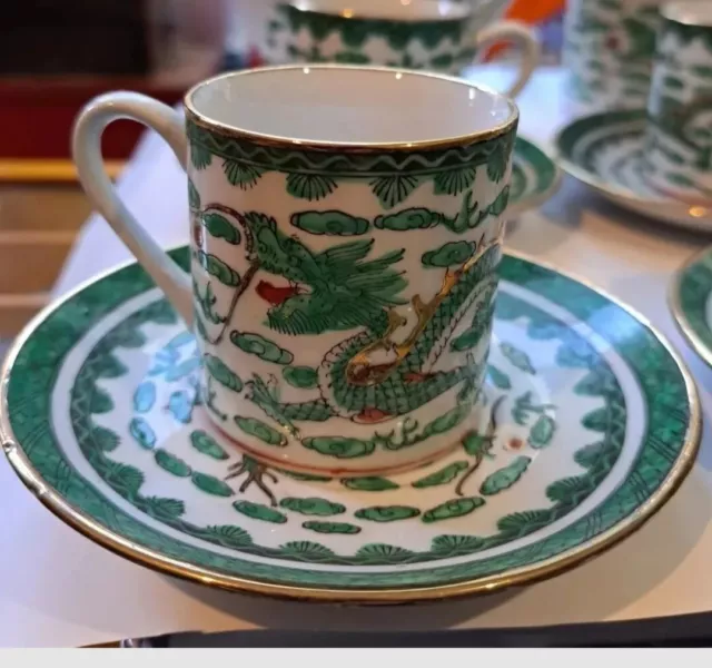 Cup & Saucer Demitasse Chinese Dragon Set • Vintage 20th Century Hand...