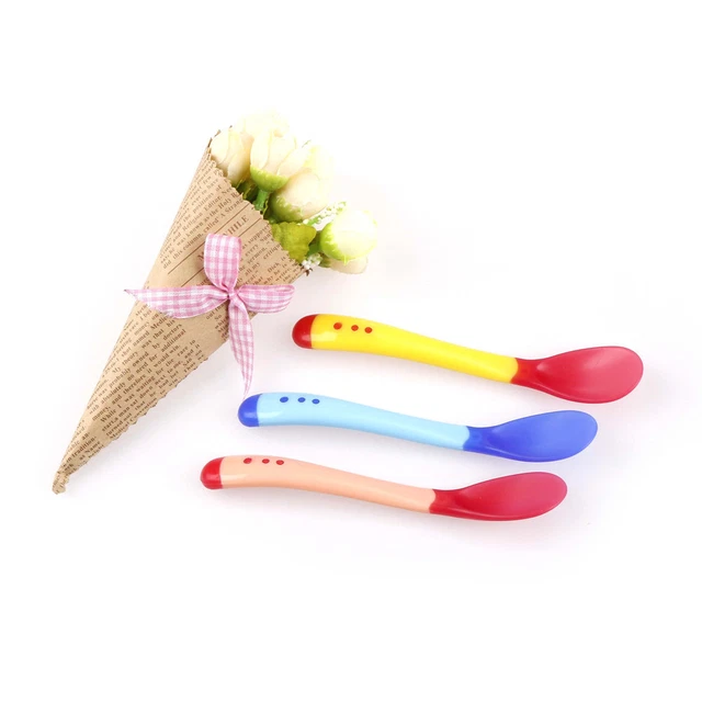 1X Cuchara de alimentación térmica con detección de calor para bebés niños Mesa de cabeza de silicona de destete *t~