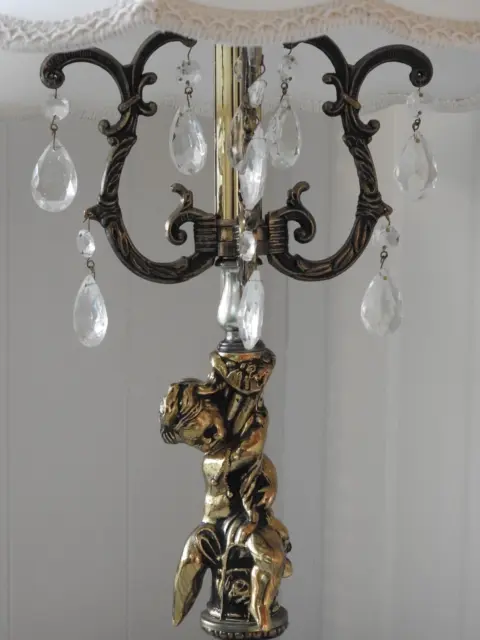 Beautiful Vintage Brass Cherub Electric Table Lamp W/ Glass Crystals Prisms 2