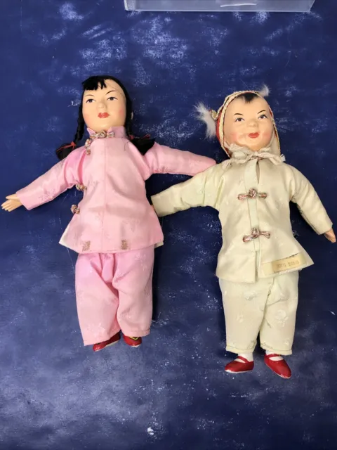 9” Vintage 1940’s? Chinese Girl & Boy Doll Composition Cute Embroidery #o