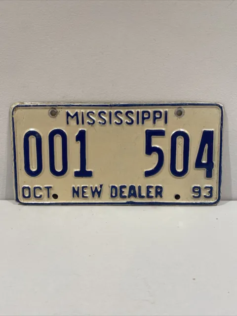 Vintage 1993 Mississippi White/Blue Used Dealer  License Plate Tag Bar/Man Cave