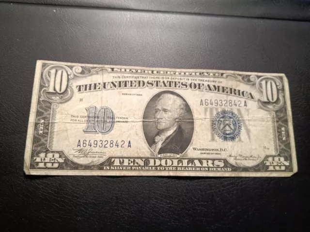 1934 A $10 Ten Dollar Silver Certificate Blue Seal Note A64932842 A.