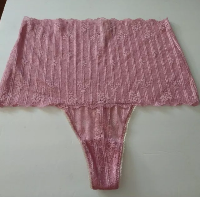 Victorias Secret High Waist Thong Panty Floral Lace Mauve Sz Large 100% Cotton