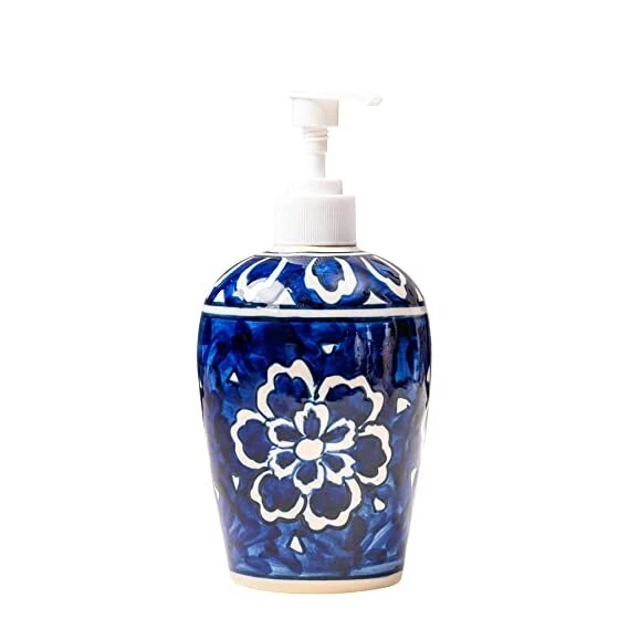 Ceramic Hand Painted Soap Dispenser For Bathroom Blue Color Size 6.5x6.5x14cm