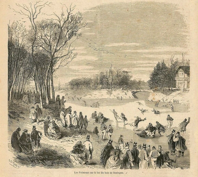 Paris / Les Patineurs Sur Le Lac Du Bois De Boulogne / Gravure Engraving 1858