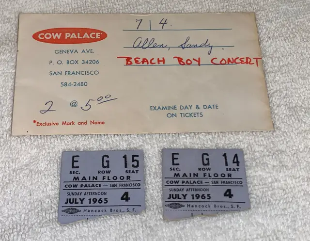 The Beach Boys 1965 Concert Ticket Stubs Cow Palace Brian Dennis Wilson  Usa