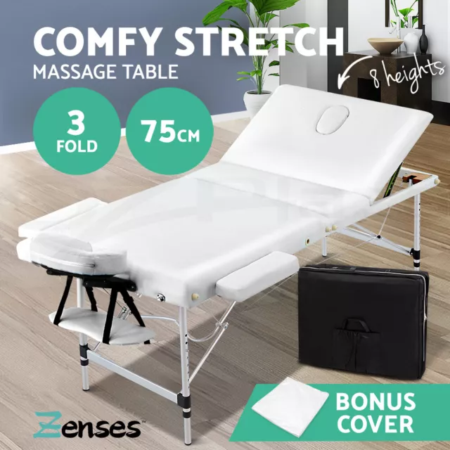 Zenses Massage Table 75cm Portable 3 Fold Aluminium Beauty Therapy Bed White