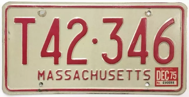 Massachusetts 1975 License Plate T42-346 Good Condition RMV Clear