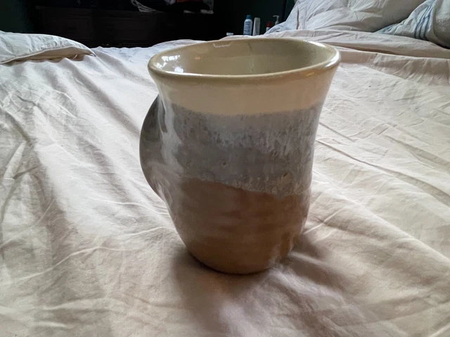 HANDMADE WHEEL THROWN pottery coffee mug BROWN BEIGE BLUE NICE!