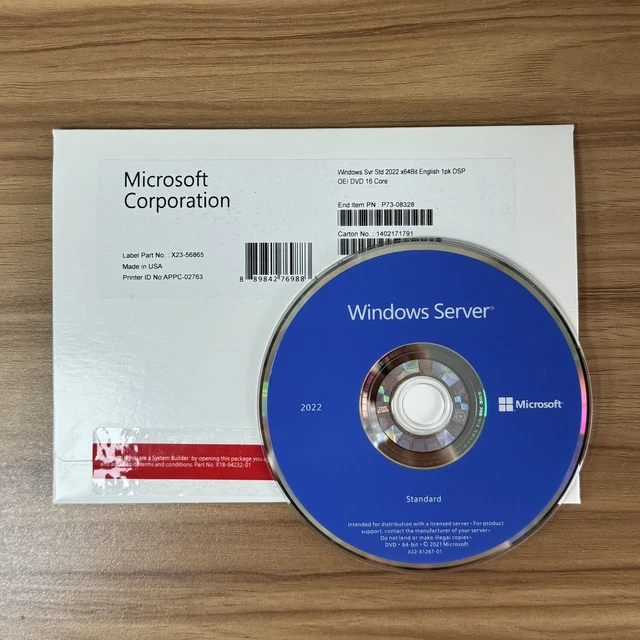 MICROSOFT WINDOWS SERVER 2022 Standard 64Bit English 16 Core DVD & KEY ...