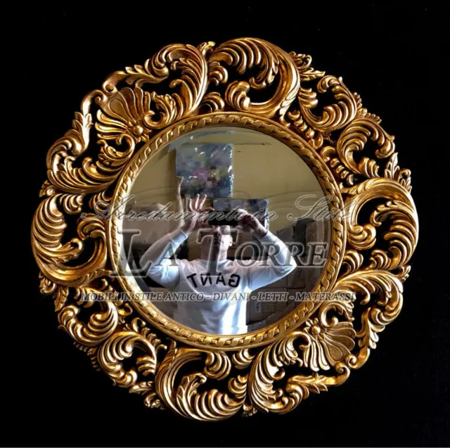 Specchiera rotonda intagliata oro antica specchio molato barocco da parete S04