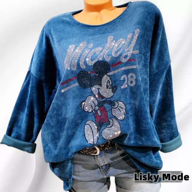 Damen Italy T-Shirt Micky Maus Pailletten blau silber Shirt Gr 36