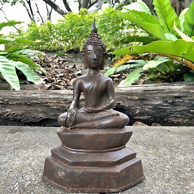 11.6" Old Bronze Thai Buddha Statue Chiang Saen Buddhism Collectible Art