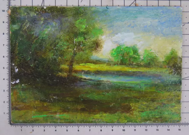 15x10 CM Pequeño Cuadro Paisaje Viejo Pintado Óleo En Mesa Vintage X13