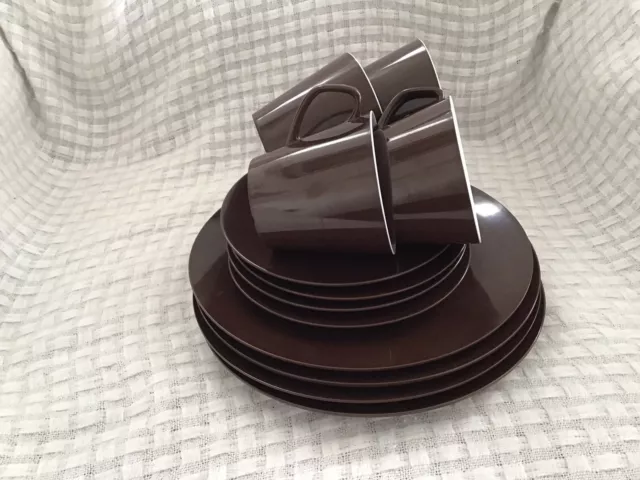 Set For 4. Vintage Retro Melaware Plates. Cups Saucers Chocolate Brown.