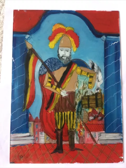 Rare Vintage Reverse Hand Painted Glass Picture King. Knight. signed