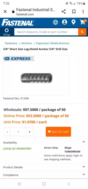 50pc  3/8" Short Size Lag-Shield Anchor 5/8" Drill Size FASTENAL NEW Sealed Box