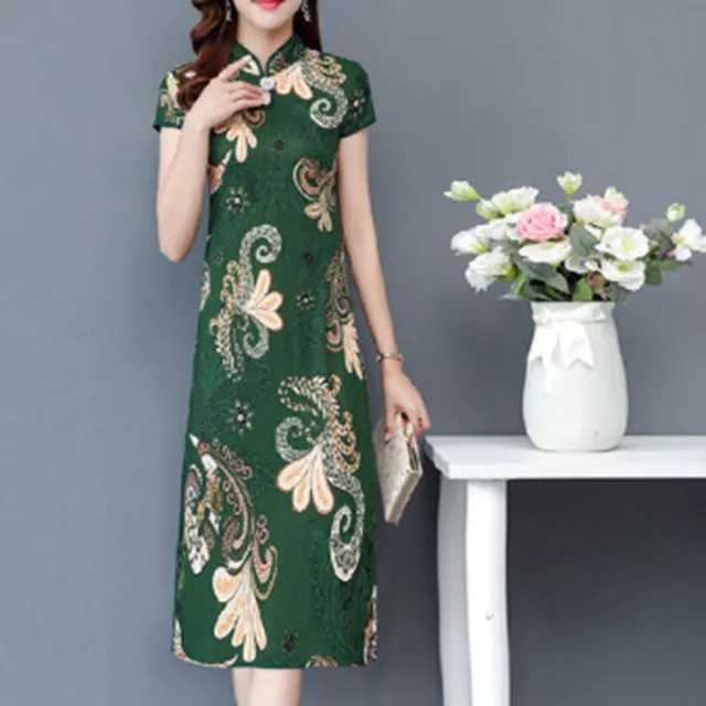 Élégante robe Qipao imprimée fleur style traditionnel chinois manches courtes