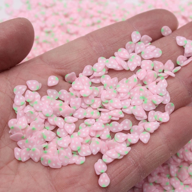 100 g/lote de 5 mm rebanadas de fruta de arcilla rosa fresa espolvoreadas para limo artesanal hágalo usted mismo