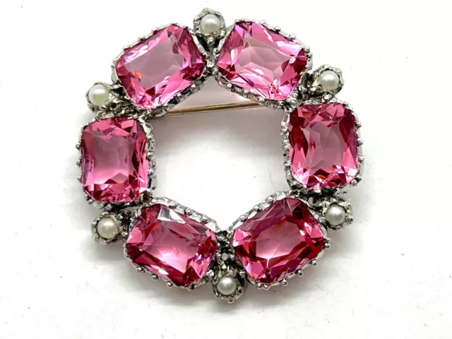 Stunning Antique 1900's  Silver Pink Paste & Pearls Brooch 2