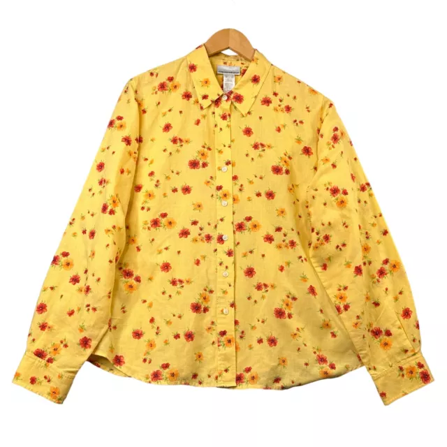 Jones New York Sport Womens Button Down Shirt Size XL Yellow Floral Linen Blend