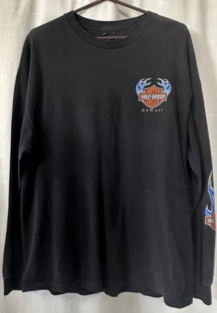 Harley Davidson Shirt Men's Large Black Long Sleeve Biker Double sided Honolulu