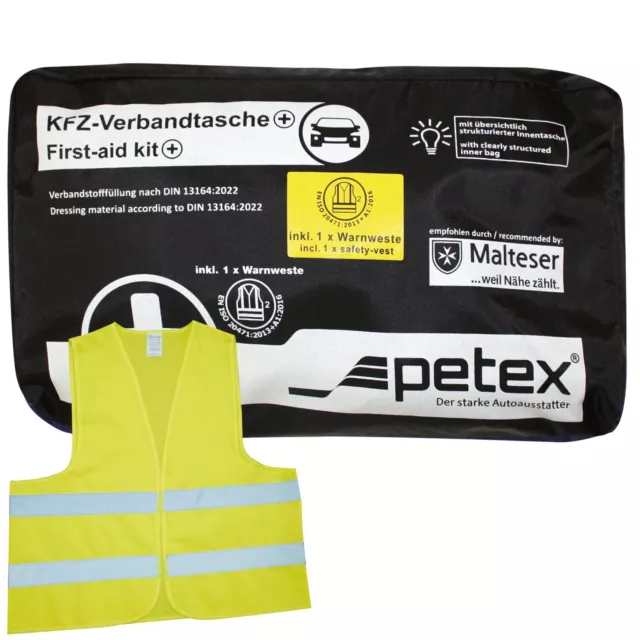 Verbandtasche Plus schwarz, Inhalt nach DIN 13164:2022 inkl. Warnweste | PETEX