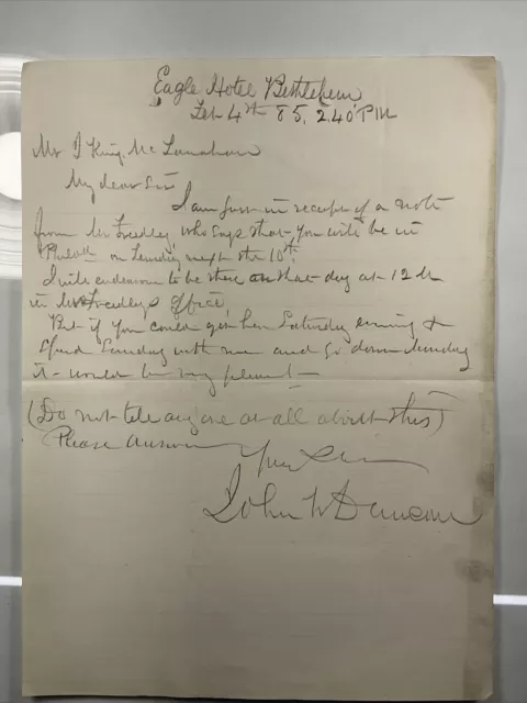 1885 Bethlehem, Pennsylvania Eagle Hotel Feb. 4, 1885 Handwritten Letter