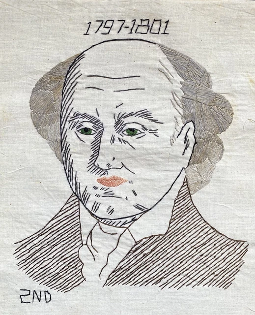 Cuadrado de agujas bordado vintage John Adams 2nd President de los Estados Unidos