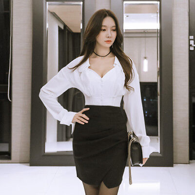 Elegante vestito abito corto nero bianco completo tailleur gonna camicia 3051