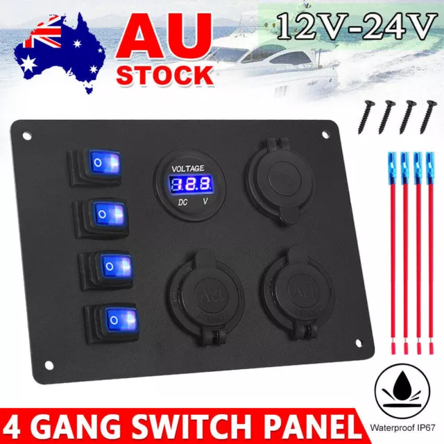 4 Gang 12V Switch Panel Rocker USB ON-OFF Toggle Marine Boat Truck Waterproof AU 3