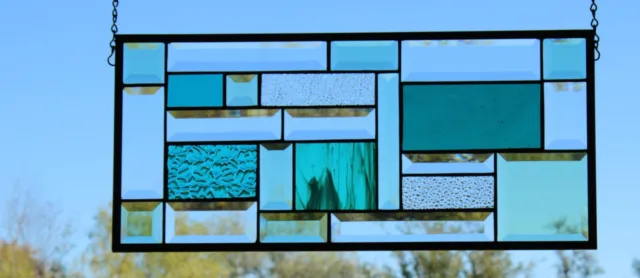 Teal/Green -Stained Glass Window Panel-Beveled 20 3/8"x9 3/8"