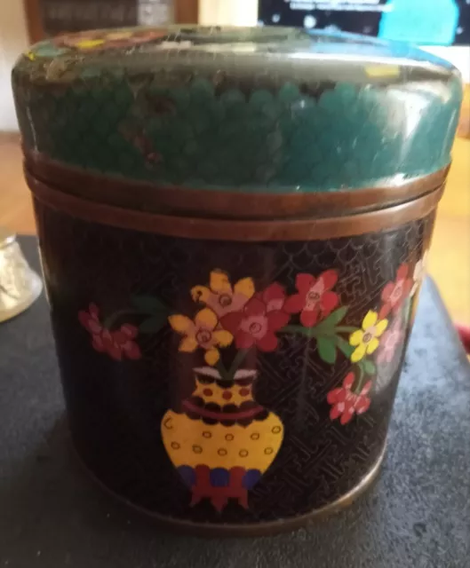 Vintage Cloisonné  Black Flowered Enamel Box Canister with Lid Humidor Jar