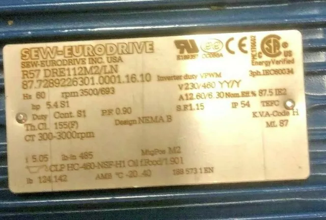 Sew Eurodriver  57Dre112M2/Ln  Motor, 5Hp, 3 Phase, Rpm 3500/693