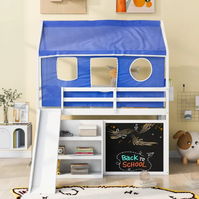 Twin over Twin House Bunk Bed with Blue Tent Slide Shelves and Blackboard 18AAK