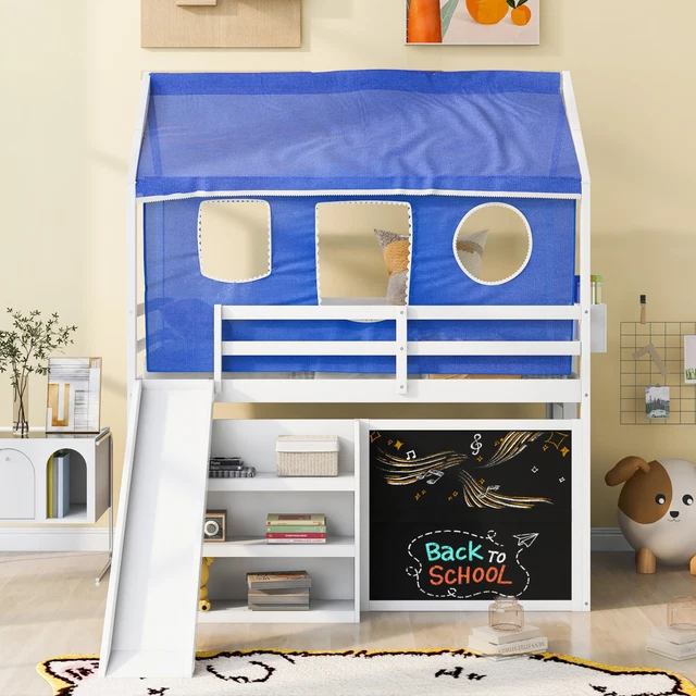 Twin over Twin House Bunk Bed with Blue Tent Slide Shelves and Blackboard 18AAK Twin over Twin House Bunk Bed with Blue Tent Slide Shelves and Blackboard 18AAK