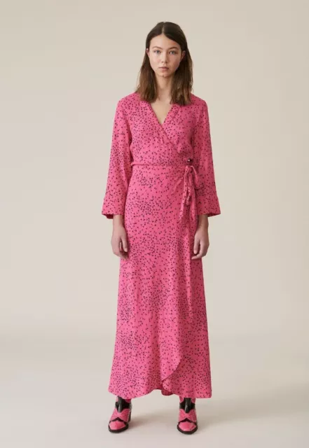 GANNI Barra Pink Floral Print Crepe Wrap Maxi Dress Size  36/4/Small