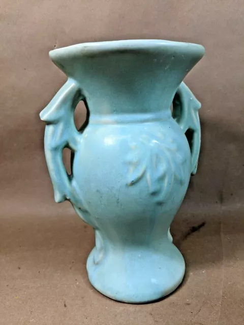Vintage Pottery Blue Freesia Urn Shape Handled 8” Tall Vase