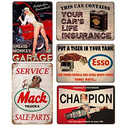 5 Pcs 8×12 Inch Gas Motor Oil Antique Tin Signs Vintage Gas for Man Cave Bar Pub