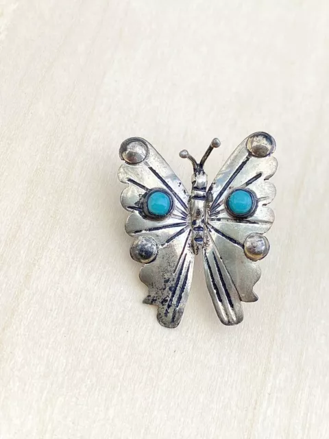 VTG FM Signed Sterling Silver .925 Turquoise Butterfly Brooch  Thunderbird Stamp