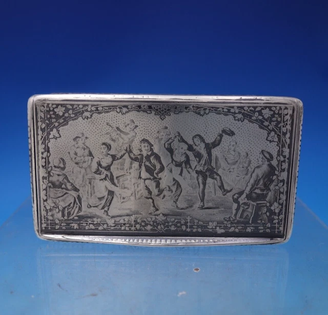 Silver Tobacco / Snuff Box Chased Engraved w/ Niello Dancing Scene (#7210)